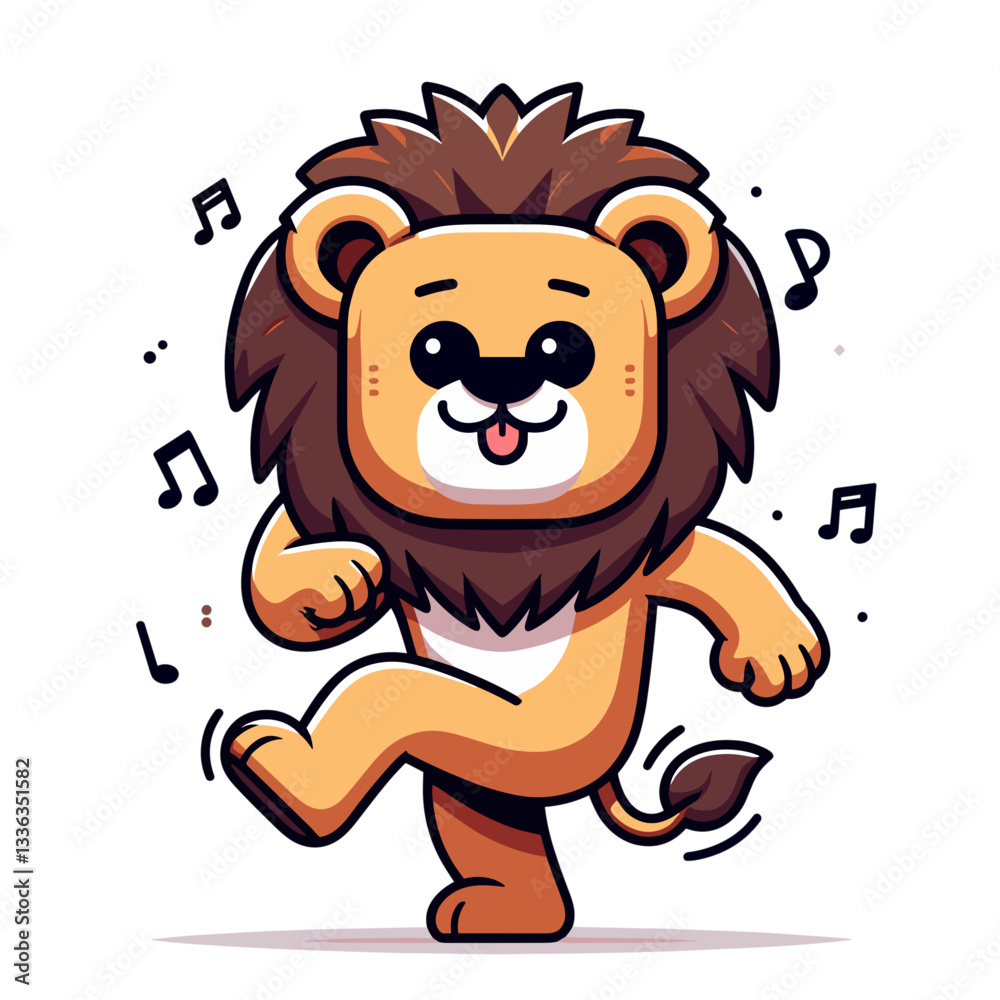 Obraz premium Cartoon dancing lion with excited expression and musical notes. Perfect for dance studios, music programs, entertainment events, or children's activity promotions.