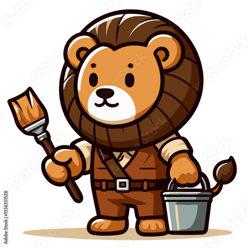 Cartoon house painter lion in brown overalls with brush and bucket. Perfect for painting services, home renovation businesses, interior decoration companies, or DIY improvement guides.