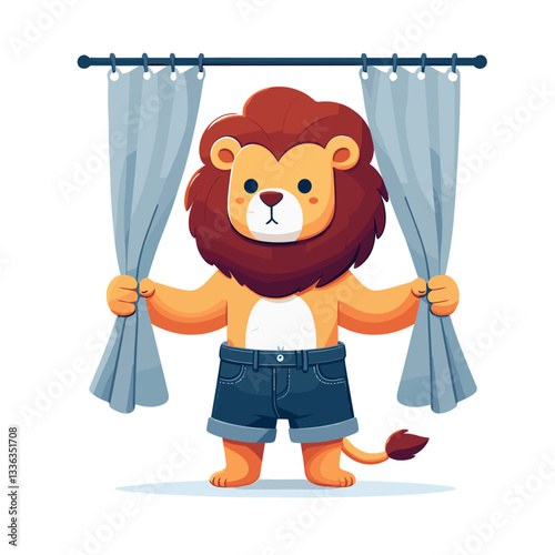 Cartoon interior designer lion holding curtains, vector illustration. Perfect for home decor services, window treatment companies, and interior styling businesses.