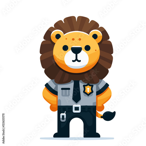 Cartoon security guard lion in dark uniform with badge, vector illustration. Perfect for security services, facility protection companies, and safety awareness campaigns.