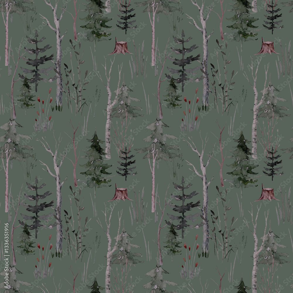 Fototapeta premium Seamless pattern with watercolor pine trees and spruces, hand drawn on white background