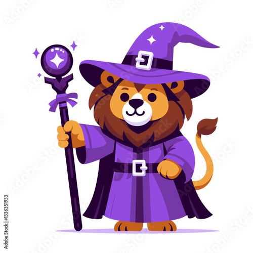Cartoon wizard lion in purple robe with magical staff and hat, vector illustration. Perfect for fantasy games, magical themed events, and children's entertainment shows.