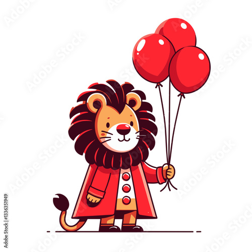 Cartoon circus lion in red outfit holding balloons, vector illustration. Perfect for entertainment shows, carnival events, and festive children's party services.