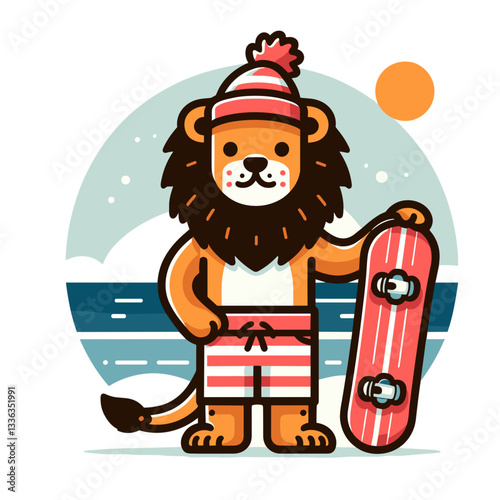 Cartoon lion snowboarder in winter hat at beach, vector illustration. Perfect for seasonal contrast themes, surf-to-snow concepts, vacation packages or extreme sports crossover promotions.