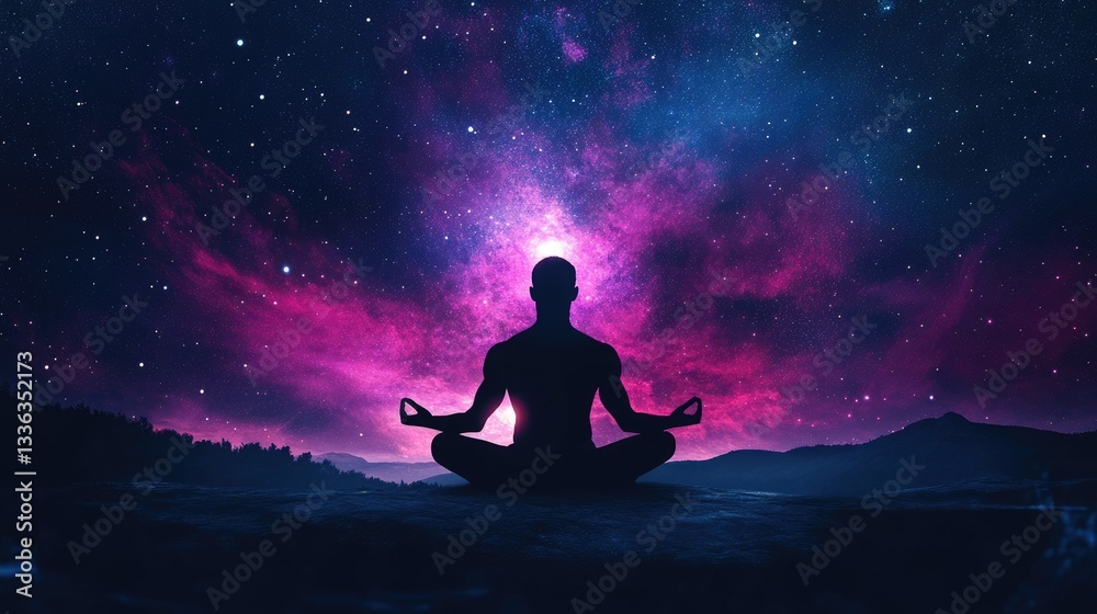 Silhouette of a Cosmic Man Meditating Under a Starry Night Sky, Embracing the Sound of the Universe for Transcendental Peace