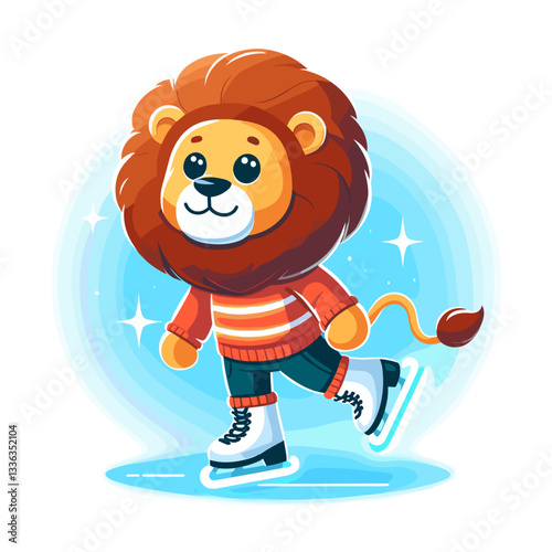 Cartoon lion ice skater in striped sweater on blue rink, vector illustration. Perfect for winter sports programs, ice skating lessons, rink promotions or cold-weather recreational activities.