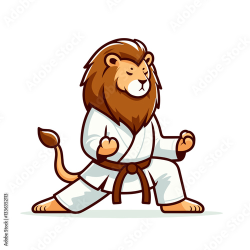 Cartoon lion in karate pose with white belt, vector illustration. Perfect for martial arts schools, children's self-defense classes, sports discipline programs or physical training centers.
