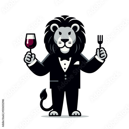 Cartoon elegant lion sommelier with wine glass and fork, vector illustration. Perfect for upscale restaurants, wine tasting events, gourmet dining experiences or culinary festivals.