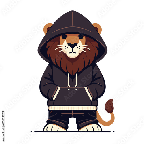 Cartoon lion in black urban hoodie and streetwear, vector illustration. Perfect for youth fashion brands, urban clothing lines, street style lookbooks or modern casual wear promotions.