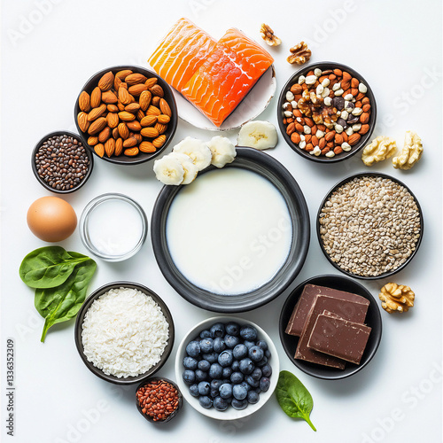 Assorted nutritious foods including nuts, fish, grains, fruits, and dairy arranged in a circular pattern.