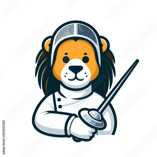 Professional lion fencer in white uniform holding sword. Perfect for sports club branding or competitive activities promotion.