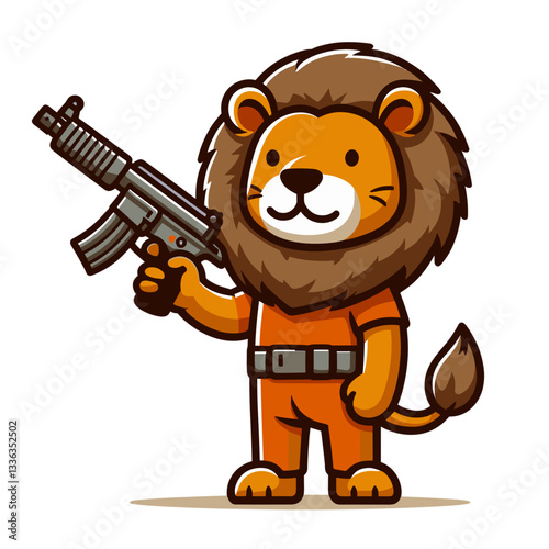 Cute cartoon lion soldier with assault rifle in orange uniform, vector illustration. Perfect for military themed games, action adventure stories, or tactical simulation content.
