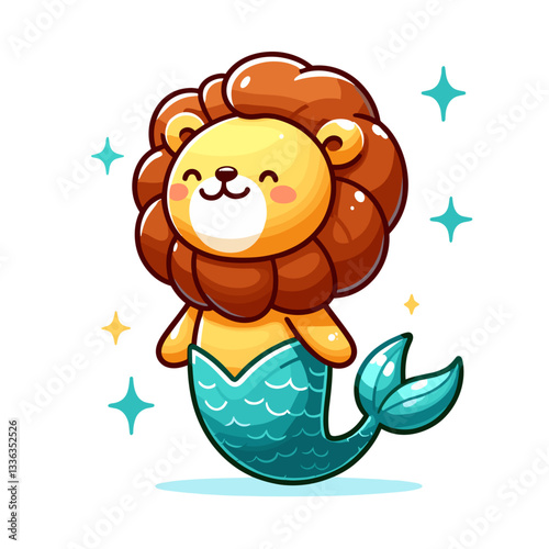 Cute cartoon lion mermaid with sparkly fish tail in ocean, vector illustration. Perfect for fantasy stories, beach themed events, or children's room decorations.