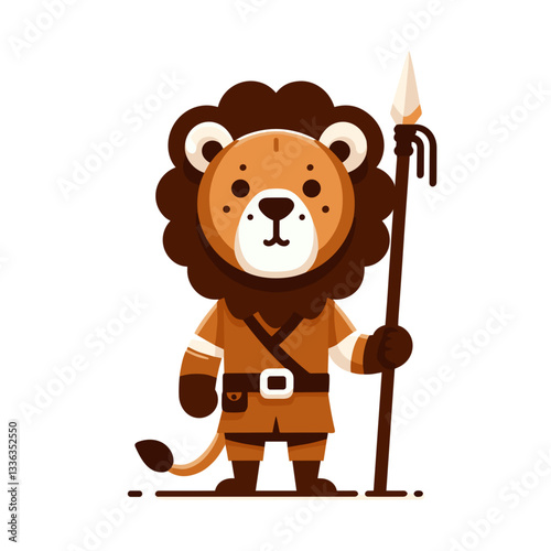 Cute cartoon lion shepherd with staff in brown outfit, vector illustration. Perfect for religious education, biblical stories, or traditional craft themed events.