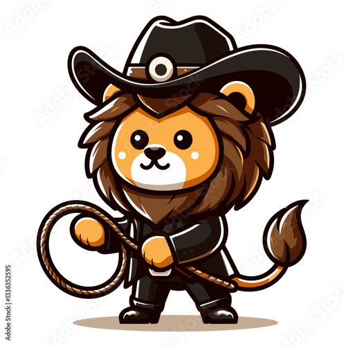 Cute cartoon lion cowboy with lasso in black outfit, vector illustration. Perfect for western themed events, rodeo promotions, or country lifestyle content.