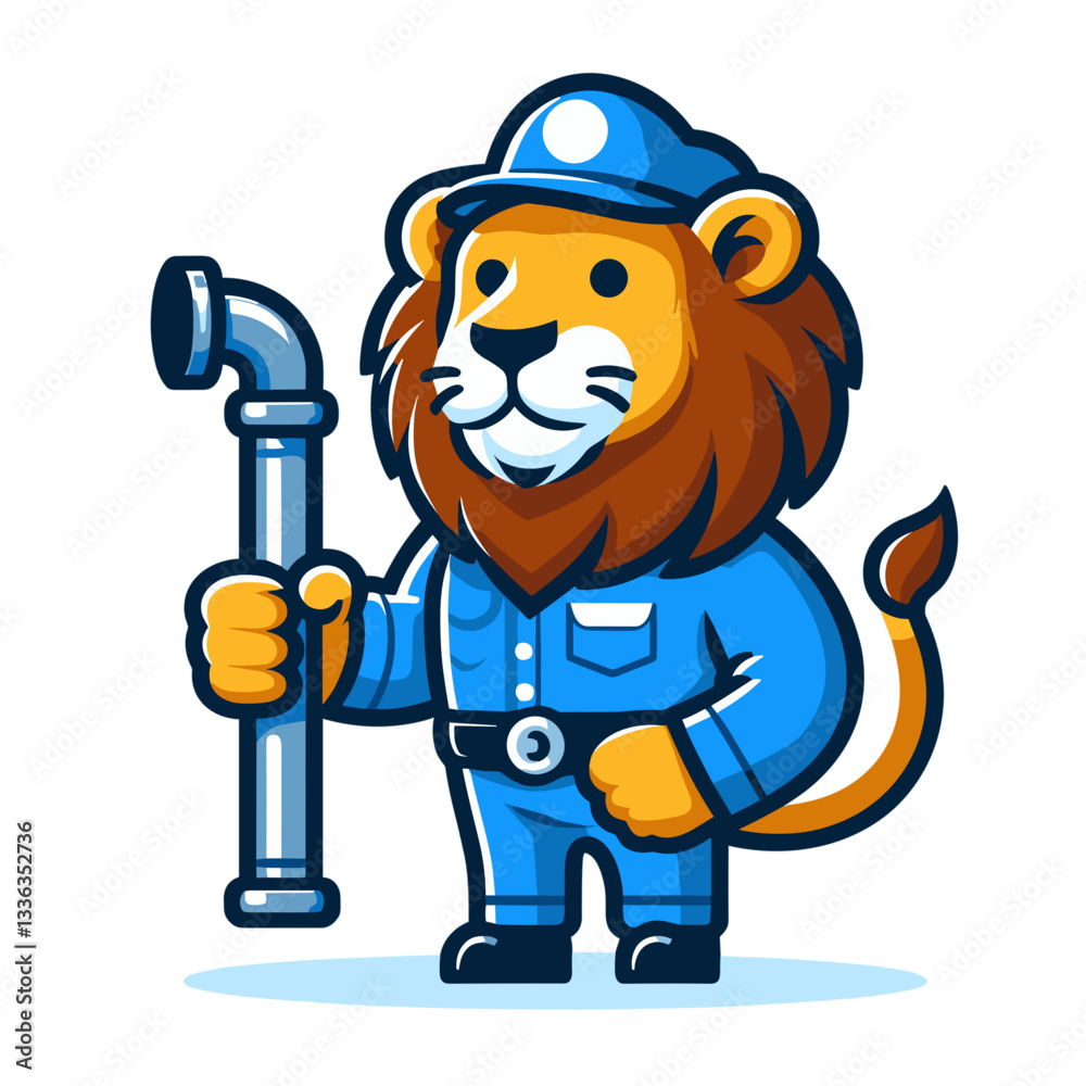 Naklejka premium Cute cartoon lion plumber with wrench in blue uniform, vector illustration. Perfect for plumbing service advertising, home repair guides, or maintenance company branding.