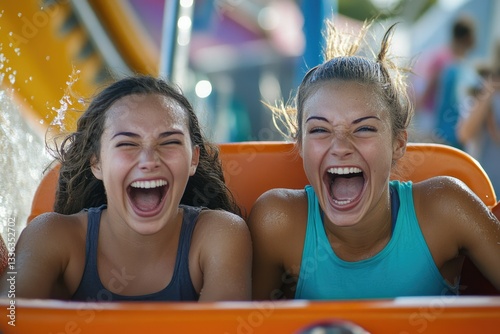 Thrilling Moments: Two Enthusiastic Women Enjoying the Fabbri Booster Ride at a Family Theme Park