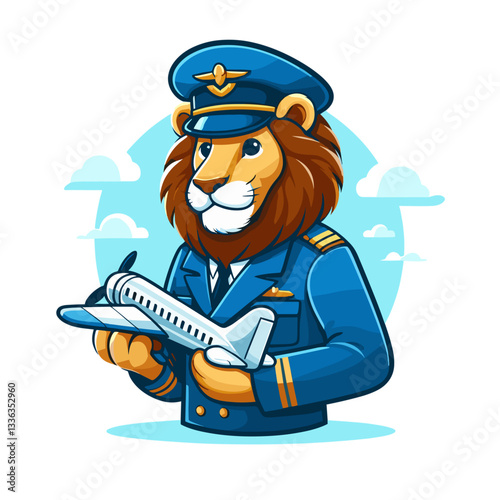 Cartoon airline pilot lion in blue uniform holding airplane, vector illustration. Perfect for aviation companies, travel services, and career education for children.