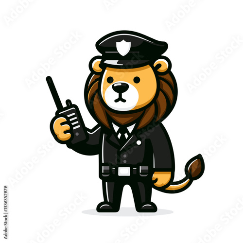 Cartoon security officer lion in black uniform with walkie-talkie, vector illustration. Perfect for security services, protection agencies, and surveillance companies.