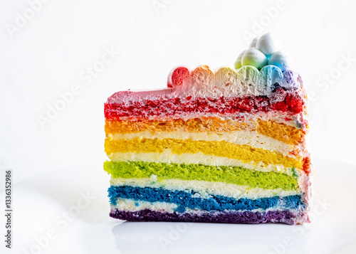 A delicious homemade rainbow cake is elegantly displayed against a white background.