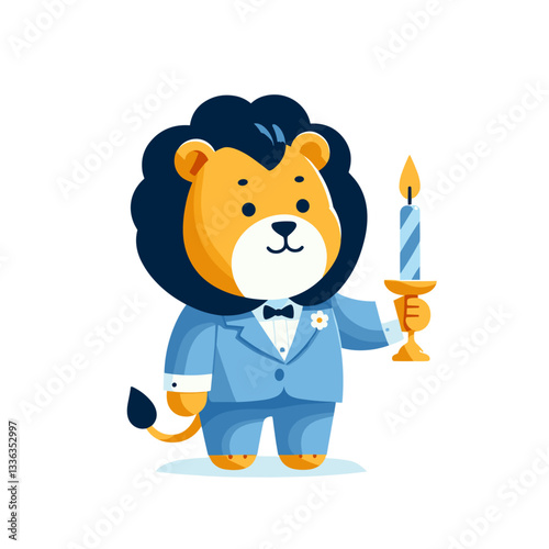 Cartoon sophisticated lion in blue tuxedo holding candle, vector illustration. Perfect for formal events, fine dining promotions, and luxury service experiences.