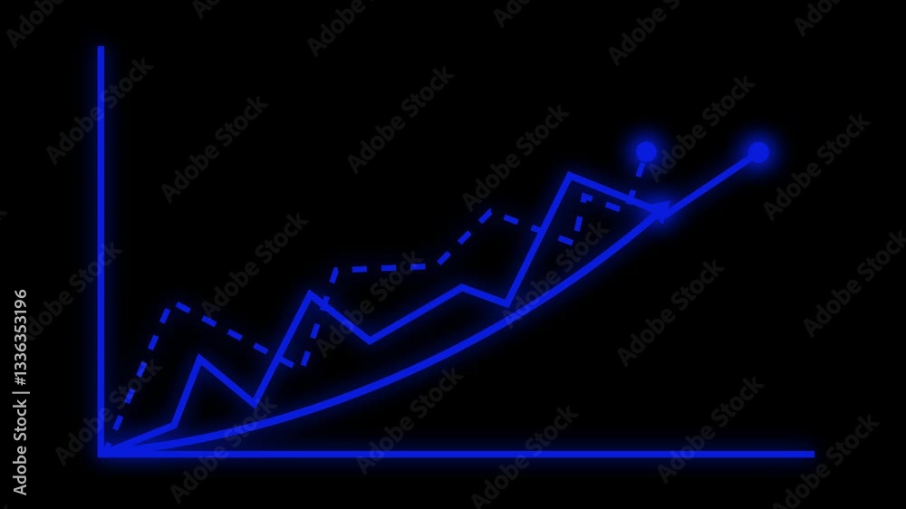 Glowing Line Graph on Black Background Animation, A glowing line graph with multiple lines, including solid and dashed lines, on a black background