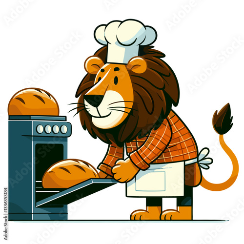 Cartoon lion baker with fresh bread from oven, vector illustration. Perfect for bakeries, cooking schools, artisan bread shops or traditional baking classes and demonstrations.
