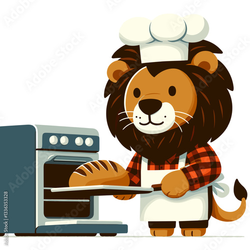 Cartoon lion baker with bread from oven in chef hat, vector illustration. Perfect for bakeries, culinary schools, artisan bread businesses or traditional baking content.