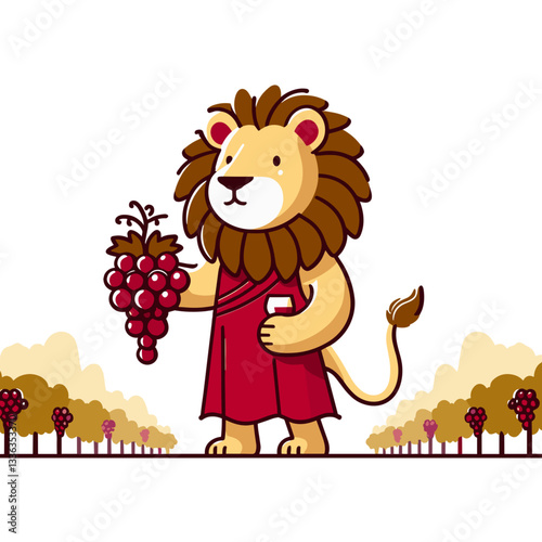 Cheerful lion vintner in burgundy apron holding grape cluster amid vineyard. Ideal for winery tours or wine production concepts.