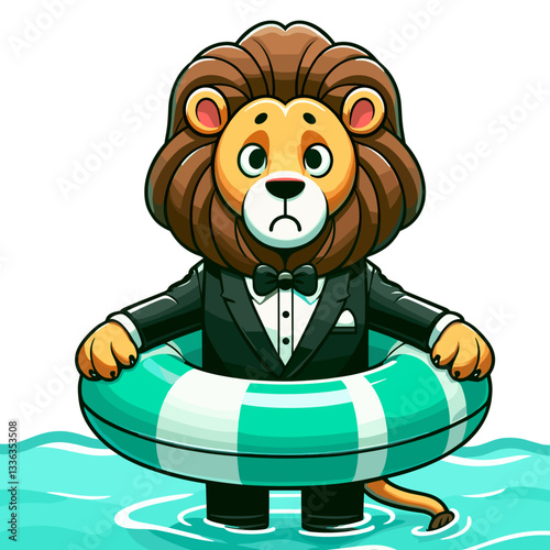 Anxious lion in formal tuxedo standing in water with life preserver. Perfect for swimming lessons or water safety educational content.