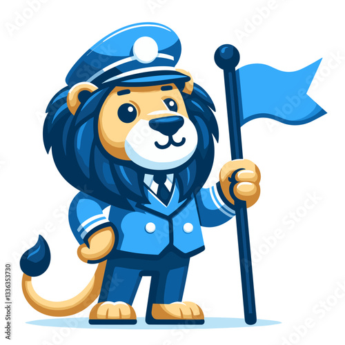 Cute cartoon lion captain with flag in maritime uniform, vector illustration. Perfect for navy themed events, sailing clubs, or cruise line promotional materials.
