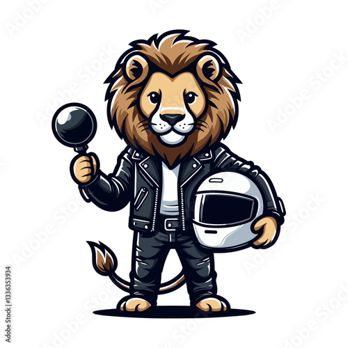 Cartoon race car driver lion in black jacket holding microphone and helmet. Perfect for motorsport events, racing competitions, automotive interviews, or speed championship coverage.