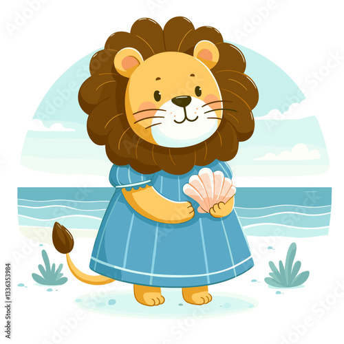 Cartoon beachcomber lion in blue dress holding seashell with ocean background. Perfect for coastal tourism, beach vacations, summer getaways, or seaside souvenir shops.