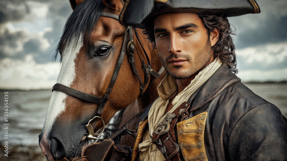 Obraz premium Handsome Pirate Captain with Horse