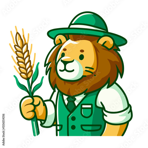 Cartoon agricultural specialist lion in green outfit with wheat stalk, vector illustration. Perfect for farming businesses, agricultural education, and rural development programs.