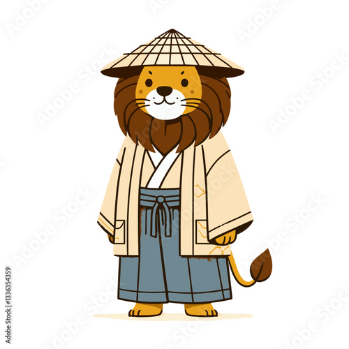 Cartoon Zen master lion in traditional Asian robe with straw hat, vector illustration. Perfect for meditation practices, Eastern philosophy, and spiritual wellness centers.