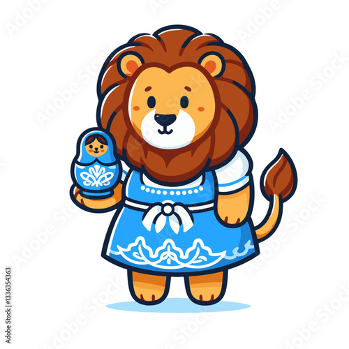Cartoon lion with Russian matryoshka doll in blue dress, vector illustration. Perfect for cultural festivals, Slavic traditions, folk art shops or international friendship themes.