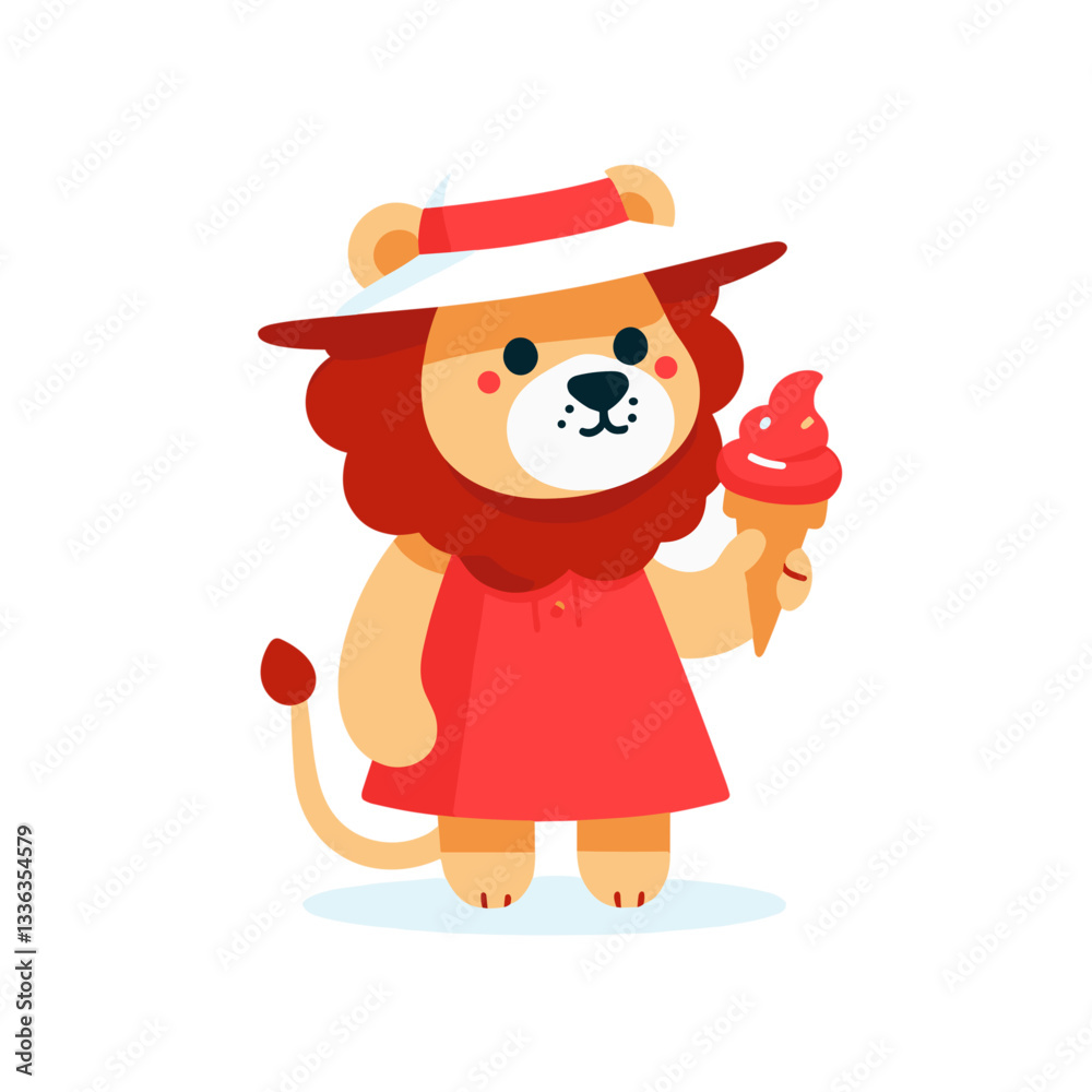 Cartoon lion girl in red dress with ice cream, vector illustration. Perfect for summer treats, ice cream parlors, dessert shops or children's vacation entertainment themes. Cartoon lion girl in red dress with ice cream, vector illustration. Perfect for summer treats, ice cream parlors, dessert shops or children's vacation entertainment themes.
