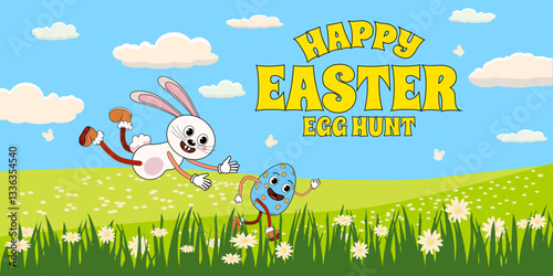 Easter egg hunt banner, bunny hunting for egg. Spring meadow, city park, landscape