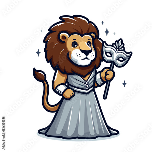 Cartoon lion in theatrical mask and silver gown, vector illustration. Perfect for drama productions, theater performances, arts education or costume design promotions.