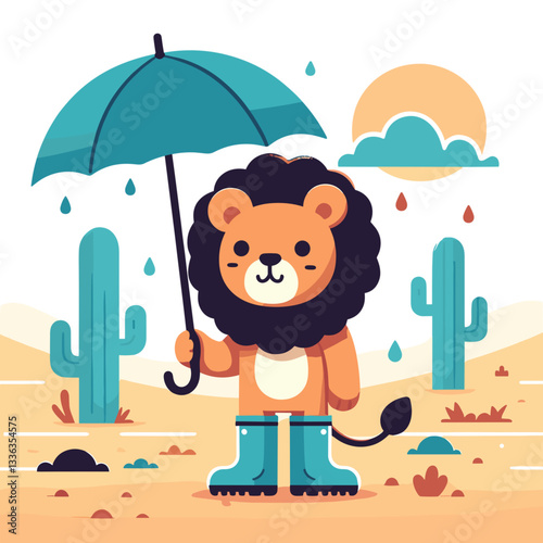 Cartoon lion with umbrella in desert with cactus, vector illustration. Perfect for climate change awareness, desert tourism, unusual weather concepts or environmental protection themes.