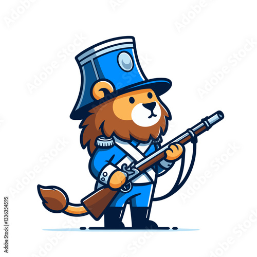 Cartoon lion soldier with rifle in blue historical uniform, vector illustration. Perfect for military museums, historical reenactments, patriotic events or educational history content.