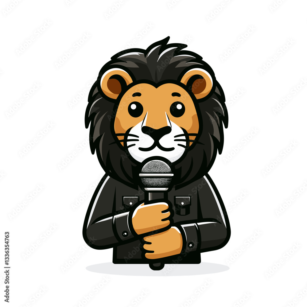 Fototapeta premium Confident lion presenter in black outfit holding microphone. Perfect for event hosting or public speaking training programs.