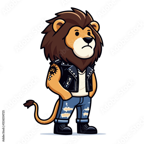 Rebellious lion rocker in leather vest and ripped jeans. Ideal for music events or alternative lifestyle branding.