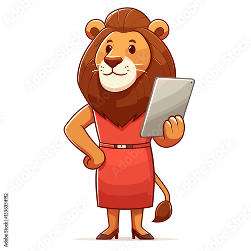 Cute cartoon lioness receptionist with tablet in red dress, vector illustration. Perfect for hotel services, business office administration, or professional customer service training.