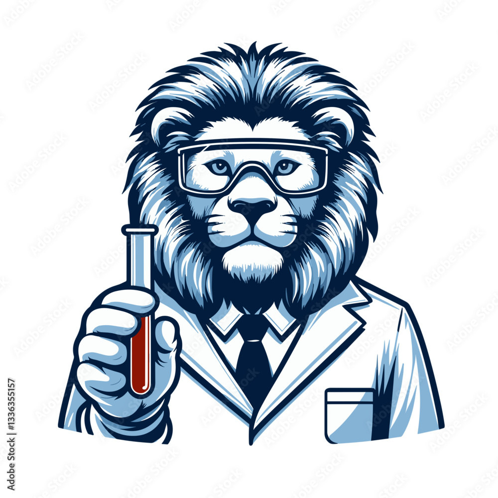 Cartoon scientist lion in white lab coat holding test tube. Perfect for research facilities, laboratory services, chemical analysis companies, or scientific education programs. Cartoon scientist lion in white lab coat holding test tube. Perfect for research facilities, laboratory services, chemical analysis companies, or scientific education programs.