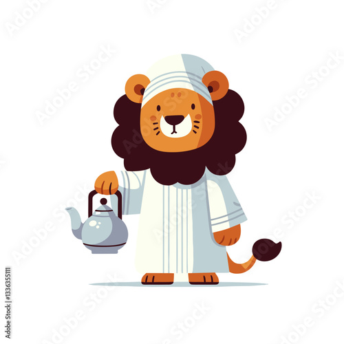 Cartoon traditional Arabic lion in white thobe holding teapot. Perfect for Middle Eastern cultural events, heritage celebrations, hospitality businesses, or traditional ceremonies.