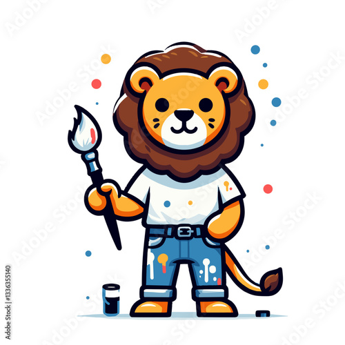 Cartoon artist lion in paint-splattered clothes holding paintbrush. Perfect for art studios, creative workshops, painting classes, or artistic supply stores.