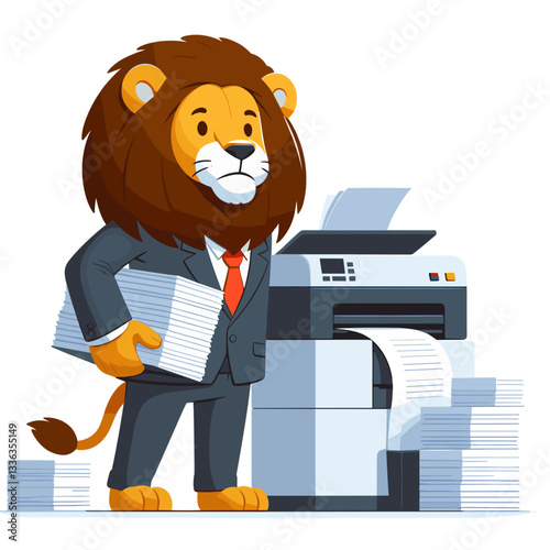 Cartoon office manager lion in business suit beside photocopier with documents. Perfect for administrative services, corporate supplies, document management, or office equipment providers.