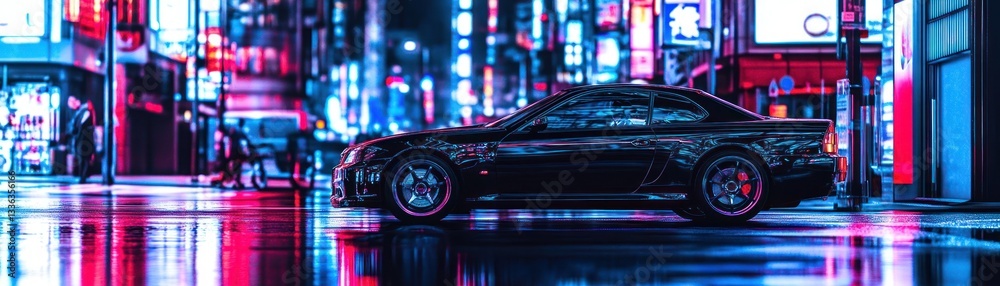A sleek black sports car parked in a neon lit urban street
